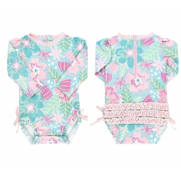 Ruffle Butts One-Piece Rashguard Swimsuit & Hat Set 12/18 nwt - Picture 1 of 9